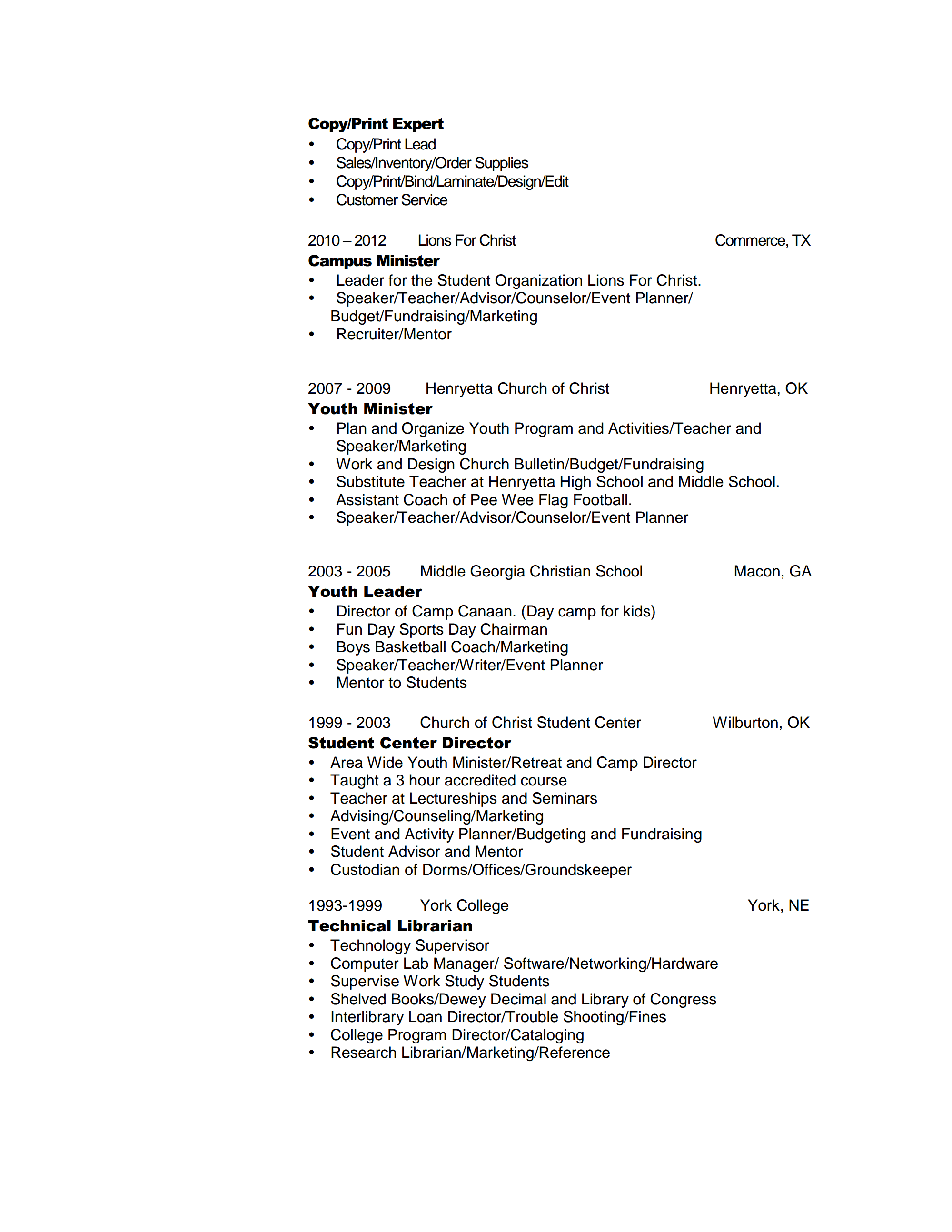 Middle school youth minister resume